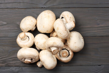 mushrooms on dark wooden background. top view with copy space