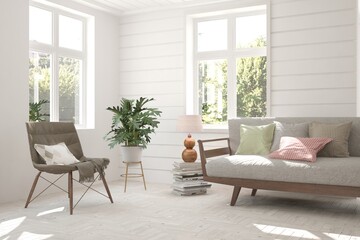 White room with sofa and green landscape in window. Scandinavian interior design. 3D illustration