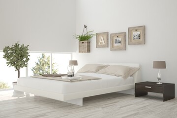 White modern bedroom. Scandinavian interior design. 3D illustration