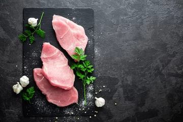 Fotobehang Vlees Raw meat, turkey steaks on black background, top view