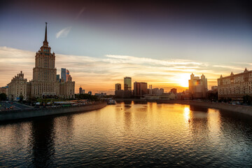 Beautiful cityscape, Moscow city and the river at sunset
