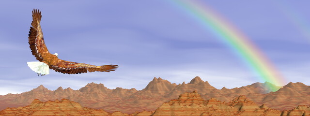 Obraz na płótnie Canvas Bald eagle flying upon rocky mountains to the rainbow - 3D render