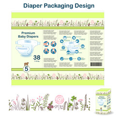 Obraz premium Diaper packaging design elements in doodle forest style. Nappy pakaging design for size 1, with floral border and owl.