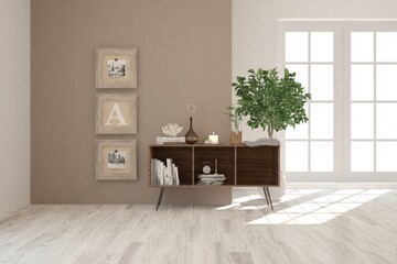 White modern room with shelf. Scandinavian interior design. 3D illustration