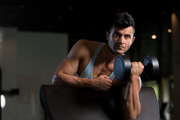 Fototapeta na wymiar Biceps Exercise With Dumbbell in a Gym