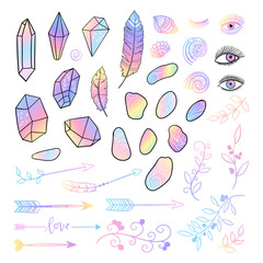 Vector boho gradient element set with hand drawn arraw, feather, eyes, shell, stone, branch.
