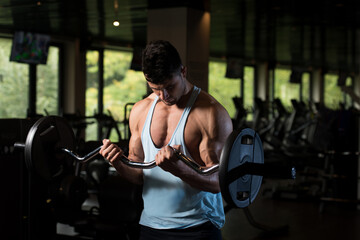 Fototapeta na wymiar Muscular Man Exercising Biceps With Barbell