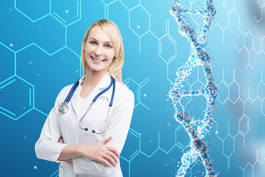 Blond woman doctor and a DNA chain