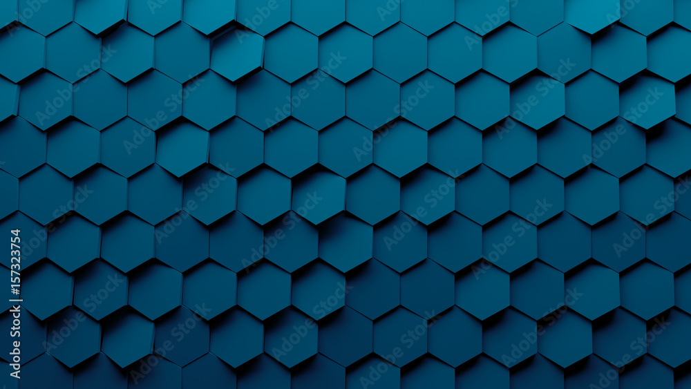 Poster abstract hexagon geometry background. 3d render of simple primitives with six angles in front. dark 