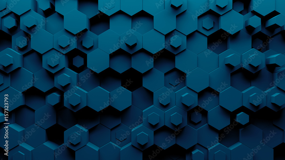 Poster abstract hexagon geometry background. 3d render of simple primitives with six angles in front. dark 
