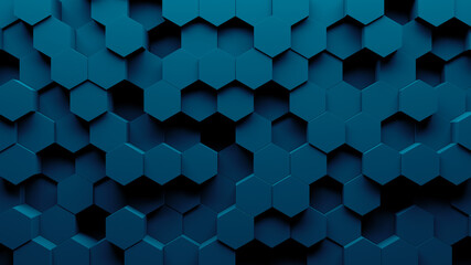 Abstract hexagon geometry background. 3d render of
simple primitives with six angles in front. Dark lighting.
