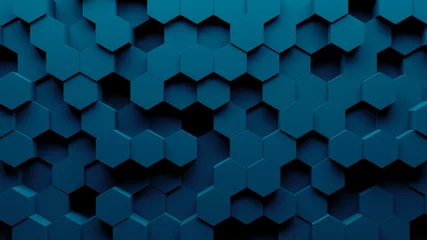 Fotobehang Abstract hexagon geometry background. 3d render of  simple primitives with six angles in front. Dark lighting. © Alexey Brin