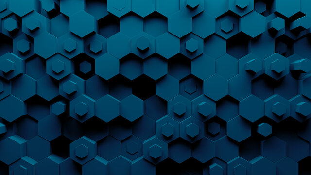 Abstract hexagon geometry background. 3d render of
simple primitives with six angles in front. Dark lighting.