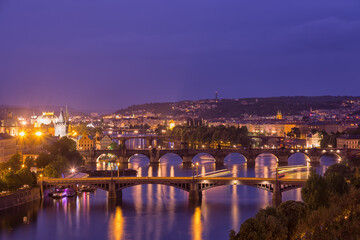 Prague at twilight blue hour, view of Bridges on Vltava