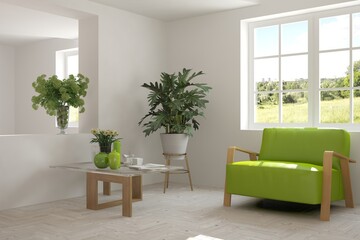 White room with armchair and green landscape in window. Scandinavian interior design. 3D illustration