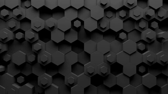 Abstract hexagon geometry background. 3d render of
simple primitives with six angles in front. Dark lighting. 

Loopable sequence.