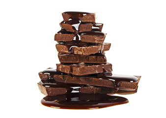 Slices of dark chocolate bar poured chocolate isolated on white background