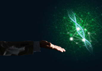 Science medicine and technology concepts as DNA molecule on dark background with connection lines