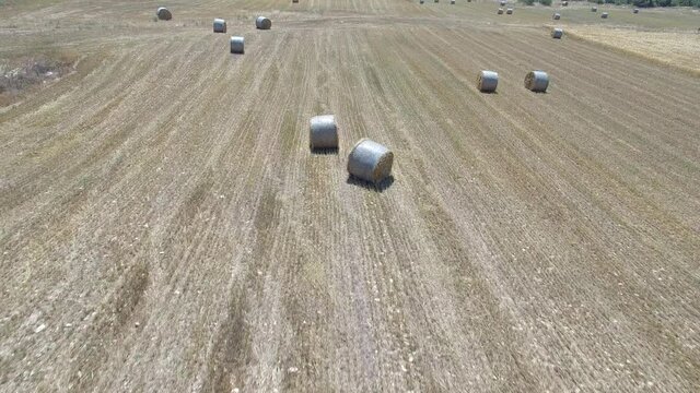 Field of bales, aerial view 4k