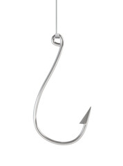 3d rendering of a single silver fishing hook isolated on white background.