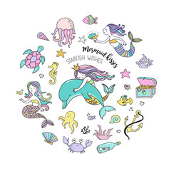 Under the sea - little mermaid, fishes, sea animals and starfish, vector collection