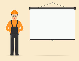 Builder in overall and in hard hat, projection screen on background. Builder on presentation