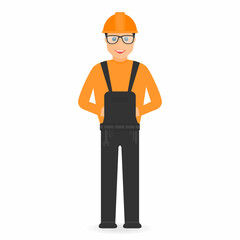Builder in overall and in hard hat isolated on background. Belt with tools. Flat design