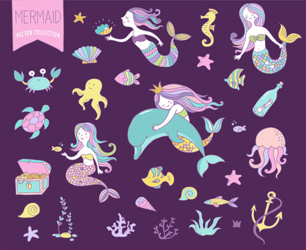 Under the sea - little mermaid, fishes, sea animals and starfish, vector collection