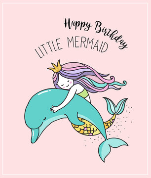 Under the sea - little mermaid, fishes, sea animals and starfish, vector collection