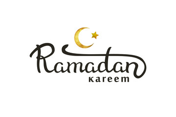 Vector isolated handwritten lettering for Ramadan Kareem on white background. Vector calligraphy for greeting card, decoration and covering. Golden moon vector illustration.