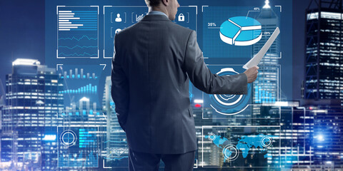 Digital background with infographs and man extending papers or contract