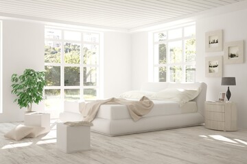 White bedroom with green landscape in window. Scandinavian interior design. 3D illustration