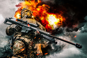 Army sniper of special forces in action posing with large caliber rifle. Heavy explosions, fire and...