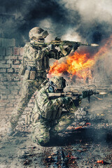 Pair of special forces shooting a weapons. Brothers in arms in action. Guns blazing, ruined walls...