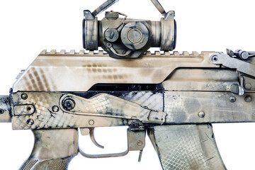 Close-up shot of Kalashnikov rifle receiver cover with collimator, automatic weapons isolated on...