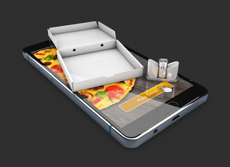 3d Illustration of Smartphone with pizza of box, salt and pepper shaker. Online Food Delivery.