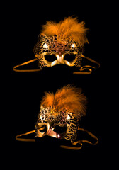 Golden carnival mask. Golden carnival mask front and angle view photo. 