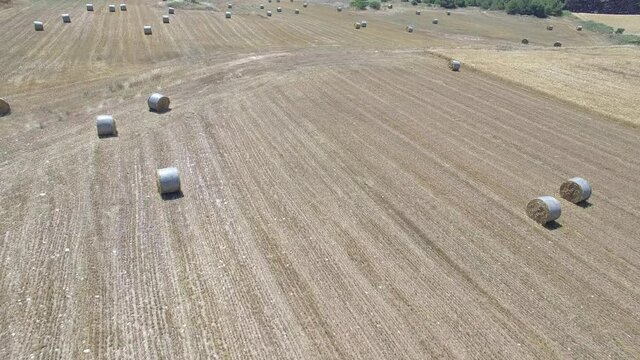 Field of bales, aerial view 4k