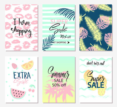 Summer set of sale banner templates with cute hand drawn design elements, handwritten lettering and textures. Vector illustration.