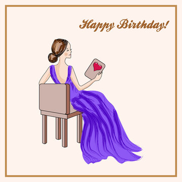 Happy birthday card with seated woman in purple dress.