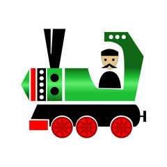Stylized toy green train with a machinist. Vector illustration isolated.