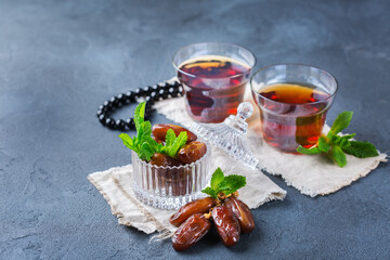 Ramadan ramazan kareem. Traditional arabic tea with mint and dates