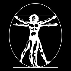 Vitruvian man  stylized symbol on a black background.