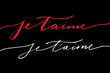 I love you in French. Handwritten text on black background, vector