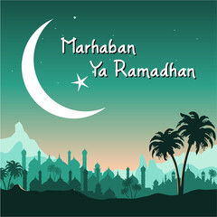 Illustration of Ramadan with mosque valley and coconut tree in the night With a crescent moon