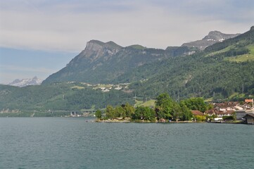 Naklejka premium Dorf Beckenried am Vierwaldstättersee im Kanton Nidwalden, der Schweiz. Im Hintergrund die Berge Schwalmis und Hoh Brisen.