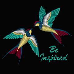 Embroidery with beautiful swallow birds. Embroidery for fashion textile and fabric. Vector design for collar t-shirts and blouses. 