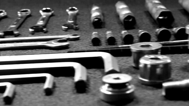Angle view crane video of the set of hand tools laid out in order