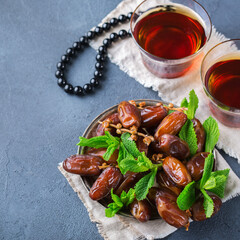 Ramadan ramazan kareem. Traditional arabic tea with mint and dates