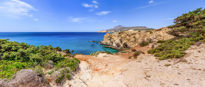 Panoramic view of Tsigrado beach, one of the most beautiful southern beaches of Milos island. Cyclades, Greece.